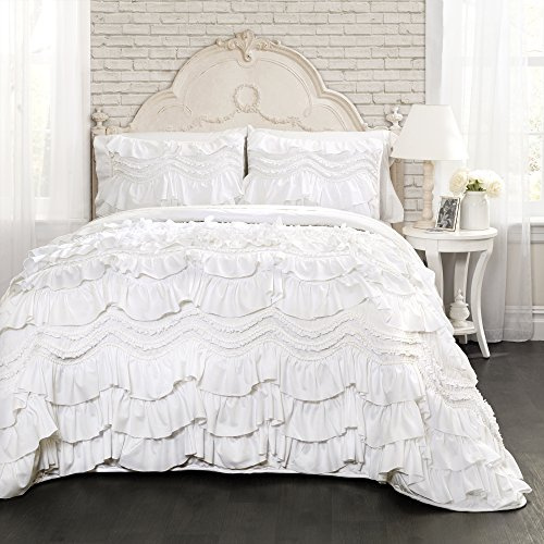 Lush Decor Kemmy Bettwäsche-Set, gesteppt, gerüscht, strukturiert, 3-teilig, für Queensize-Bett, Weiß