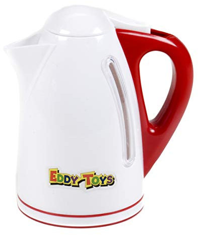 Eddy Toys Spielzeug Wasserkocher für die Kinderküche, Sichtfenster, Klapp-Deckel, wasserfest, Größe (ØxH) ca. 9,5 x 17cm, weiß mit rot