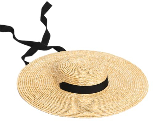 ZANGAO Wide Brim Boater Hat 19cm 15cm 10cm Krempe Strohhut Flache Frauen-Sommer-Hut-Weiß-Schwarz-Band-Bindung Sonnenhut Strand Cap (Color : Primary Black Band, Size : 19cm Brim)
