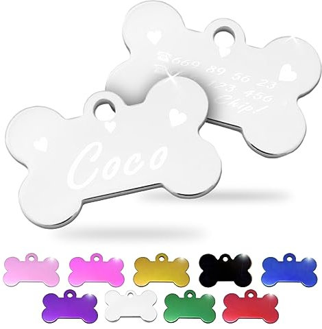 Ibera Gifts - Chapa Perro Grabada en Forma de Hueso, Placa Perro Personalizada para Perros y Gatos Pequeños y Medianos, Tamaño 30 x 20 mm, Chapa Identificativa Perro y Gato (Plateada con Corazones)