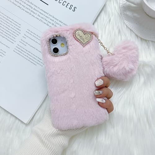 ZTUOK Compatible with iPhone X/Xs for Girls,Luxury Diamond Winter Warm Handmade Soft Fur Fluffy Plush Furry Shockproof Protective Phone Case Cover for iPhone X/Xs-Pink