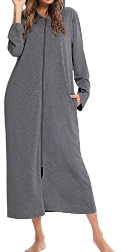 Lu's Chic Langer Damen-Bademantel mit Kapuze und Reißverschluss, volle Länge, solide Tasche, Hausmantel, Nachtwäsche, grau dunkel, X-Large