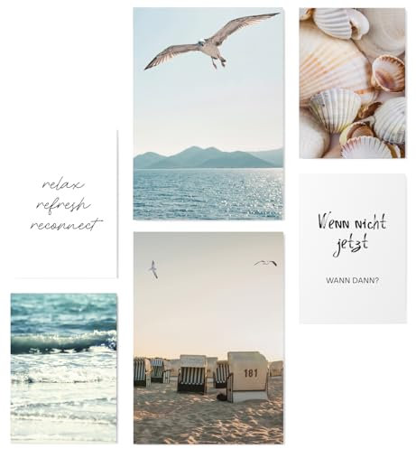 Papierschmiede® Mood Poster Set Strand und Meer, Bilder Wohnzimmer Deko Schlafzimmer, 2x DIN A3 (ca. 30x42) und 4x DIN A4 (ca. 21x30), Wasser Möwen Muscheln - ohne Rahmen