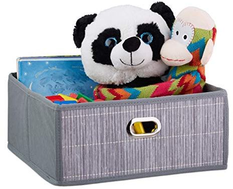 Relaxdays Aufbewahrungskorb Bambus, Badkörbchen quadratisch, Stoff Regalkorb flach, HBT 14 x 31 x 31 cm, faltbar, grau, 10034146_111