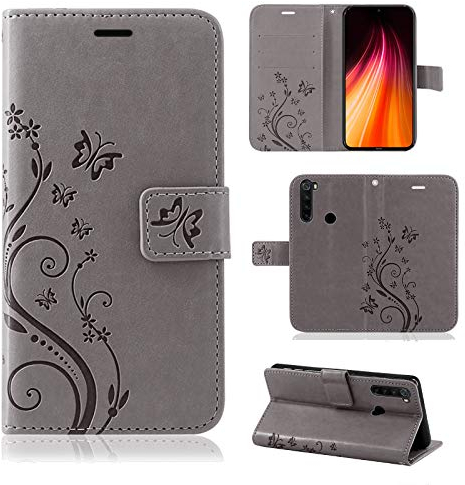 betterfon Hülle Kompatibel mit Xiaomi Redmi Note 8 (2021) | Premium PU Leder Handyhülle Wallet Case für Redmi Note 8 (2021) | Schutzhülle Blumen Klapphülle Handyhülle | Grau