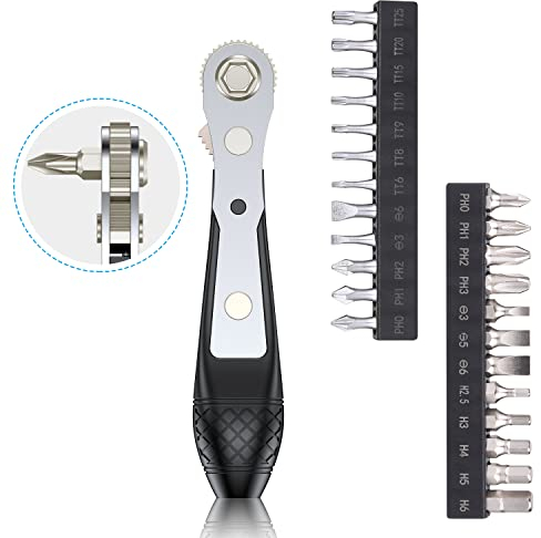Steinwhale 25-in-1 S2 Stahl Mini Ratschen-Schraubenschlüssel & Bit Set, 1/4 Zoll Sechskantschaft, 36 Zähne, Magnetischer Bithalter, 90 Grad Antriebsgriff