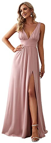 Ever-Pretty Robe de Bal Longue Fendue Col V Mousseline de Soie sans Manche A Line Chic Rose poussiéreuse 44