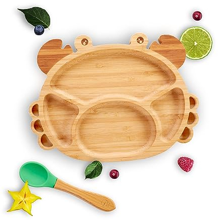 Kleiner Fuchs Platos de bambú de con ventosa antideslizante con cuchara a juego para bebés que hacen las comidas divertidas, juego de vajilla con caja de regalo – aprendizaje de comida