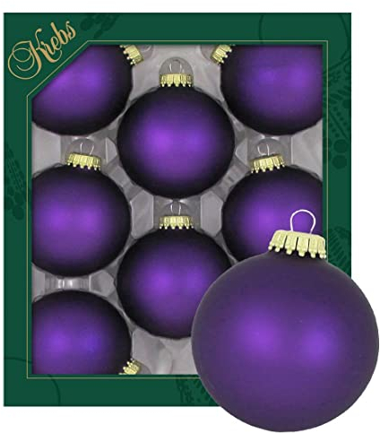 Dekohelden24 Lauschaer Christbaumschmuck - 8er Set Kugeln Uni matt Satin dunkellila, 6,7 cm, mit goldenem Krönchen + 50 Schnellaufhänger in Gold