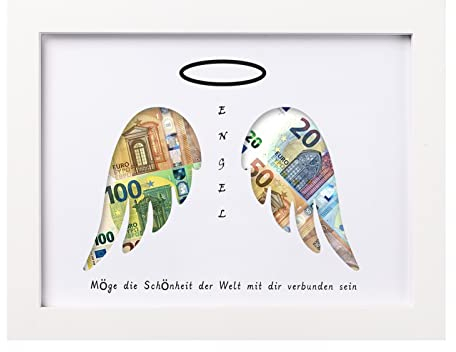 Finabol Geldgeschenk Flügel Taufgeschenke für Mädchen Jungen Kommunion, Konfirmation Geld Geschenk Fertig Gerahmt zur Echtholz Holzrahmen Bilderrahmen Din A5 (Engel)