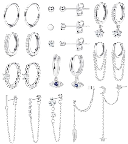 JeryWe 11 Paar Ohrringe Creolen Set für Damen Evil Eye Böses Auge Baumelnde Reif-Ohrringe Stern CZ Bar Kugel Kettenohrring Baumeln Mini Creolen Anhänger Edelstahl Kleine Ohrstecker Set(Silber)