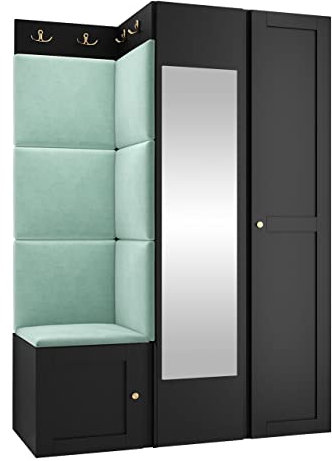 Mirjan24 Garderoben-Set Rotuni XXIV, Kleiderschrank mit Spiegel und 4 Fächer, Schuhschrank mit 3 Fächer + 8 Doppelhaken, Gepolstertes Wandpaneel Flurgarderobe Wandgarderobe (Schwarz, Manila 11)
