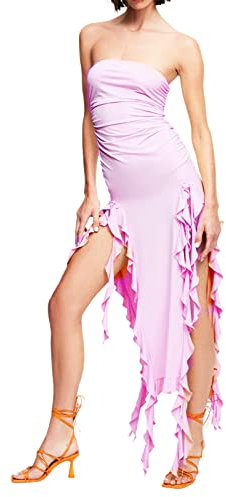 Owegvia Damen Trägerlos Rohr Langes Kleid Schulterfrei Rüschen Quaste Kleid Sexy Rückenfrei Gespalten Bodycon Kleid Club Party (06-Rosa, M)