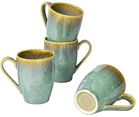 Tassen Set, Porzellan Kaffeebecher Set 4er 375ml | Ceramic Mug Set, Geschirr Tasse Becher für 4 Personen Vintage Grün