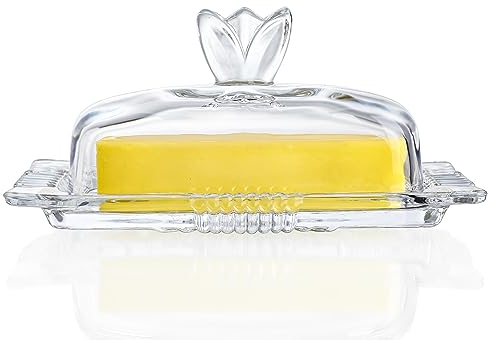 Burriera in vetro da 17,8 cm con coperchio, elegante contenitore per burro da appoggio, trasparente, per decorare la casa e la cucina, lavabile in lavastoviglie
