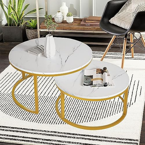 Ensemble de Tables Basses gigognes Modernes pour Le Salon, Table Basse Ronde en MDF Imitation marbre, Cadre Artisanal en Arc, Cadre en Acier élargi Extensible, pour Bureau, Balcon