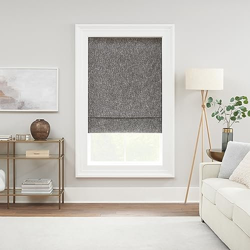Eclipse Drew Roman Shades for Windows, Cordless 100% Blackout Shades, 23 In Wide x 64 In Long, Noise Reducing, Energy Efficient and Textured Solid Window Shades for Living Room, Bedroom, Charcoal Grey