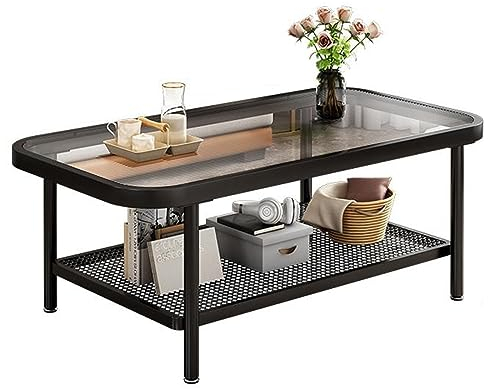 Table Basse Rectangulaire À 2 Niveaux avec Plateau En Verre et Cadre En Métal Noir, Étagère de Rangement En Maille de Fer Respirante, Table Centrale D'appoint pour Salon, Bureau, Balcon ( Size : 120x5