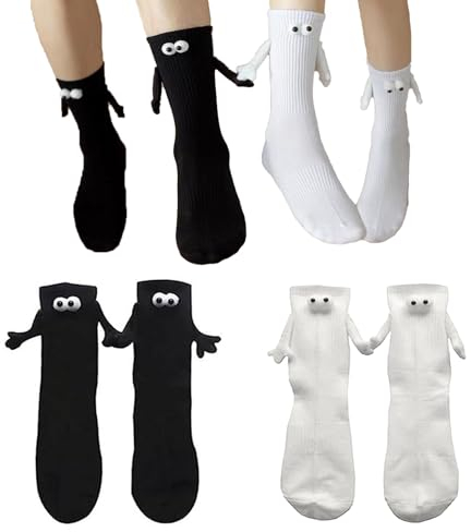 YEJAHY 2 Paar lustige magnetische Socken Paar Socken, 3D Puppe Paar hält Hände Socken, Freundschaft Socken niedlich Neuheit Mitte Rohr Socken, für Männer Frauen Paare Freunde