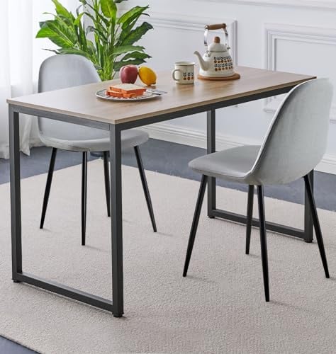 Hallowood Furniture Kempley Small Dining Table and 2 Chairs Set, Rectangular Kitchen Table and Chairs in Light Grey Fabric and Black U-Shaped Metal Legs, 2 Seater Dining Sets for Home and Cafe