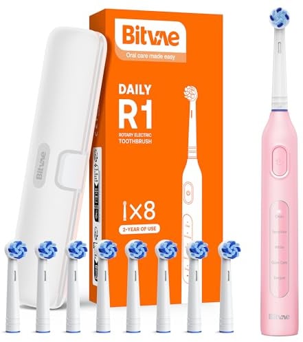 Brosse à dents électrique rotative pour adultes et enfants, brosse à dents rechargeable avec 8 têtes de brosse, autonomie de 60 jours, 5 modes, rose