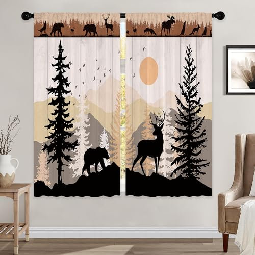 Laifzere Tende rustiche per finestre motivo legno, 106 x 160 cm, decorazione per camera da letto, soggiorno, albero, campagna, cervo, orso, tendaggi in tessuto (2 pannelli)