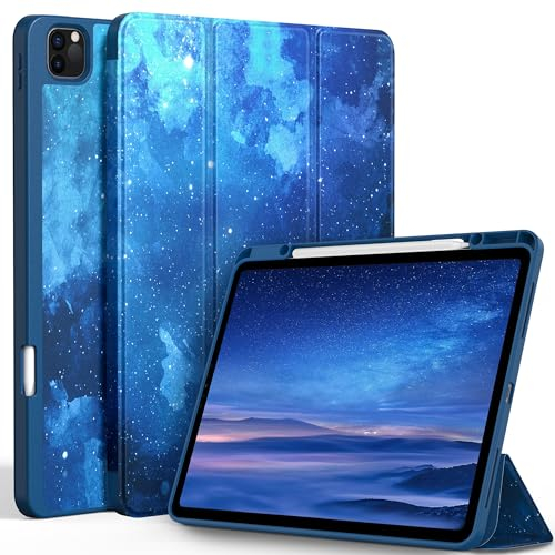 EasyAcc Hülle Kompatibel mit iPad Pro 12.9 Zoll 6./5./4./3 Generation (Modell 2022/2021/2020/2018) mit Stifthalter, TPU Flexible Rückseite mit Standfunktion - Blauer Sternenhimmel