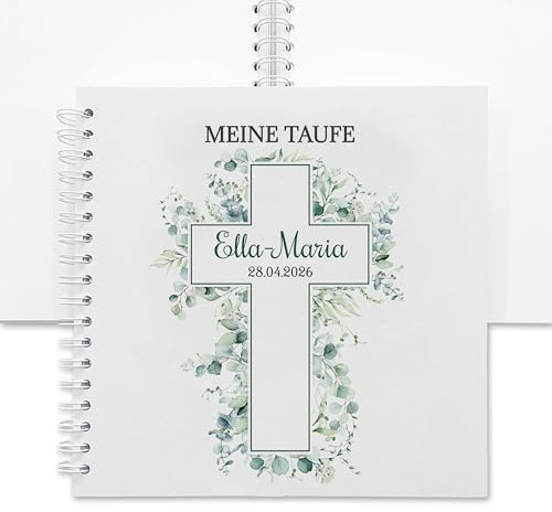 Feenstaub Fotoalbum Taufe personalisiert, Taufgästebuch, erster Geburtstag Erinnerungsalbum blanko, Ringbuch 25x25 cm, 30-60 Blatt Ringbindung, Taufbuch Junge Mädchen, Geschenk Taufe, Kreuz