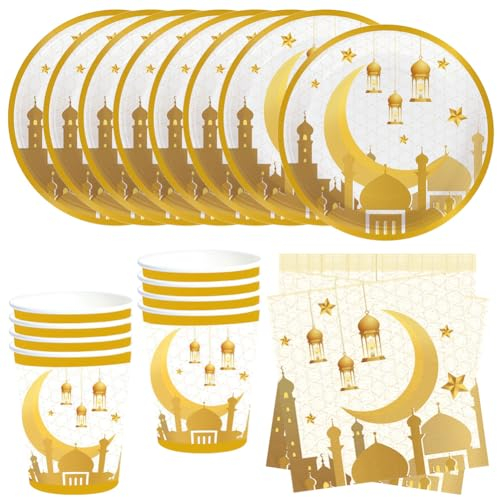 MEZHEN Vaisselle Eid Mubarak Decoration Vaisselle de Ramadan Assiettes Gobelets Serviettes Lune Musulman Décorations Fête Vaisselle de Fête