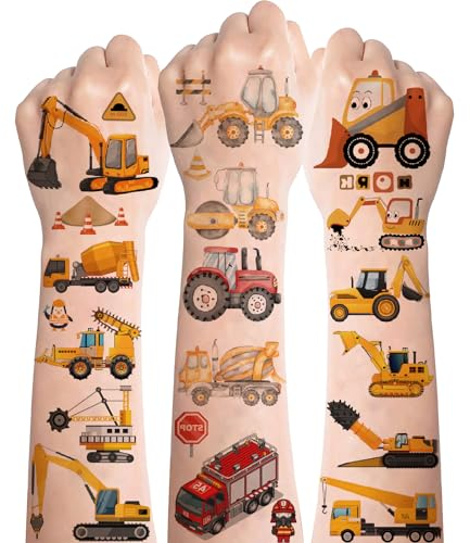 Tattoo Kinder,8 Bögen Baufahrzeuge Kindertattoos,Hautfreundlich Bagger Tattoos Jungs,Temporäre Traktor Feuerwehr Baustellen Tattoos für Kinder Auto Thema Party Kindergeburtstag Gastgeschenke