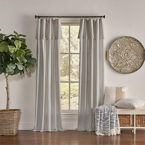 Mercantile Drop Cloth Curtain Panel, Light Filtering Ring & Tab Top with Attached Valance, 84 in Long x 50 in Wide, Farmhouse Single Window Panel, Bedroom, Living Room & Dining Room, Grey