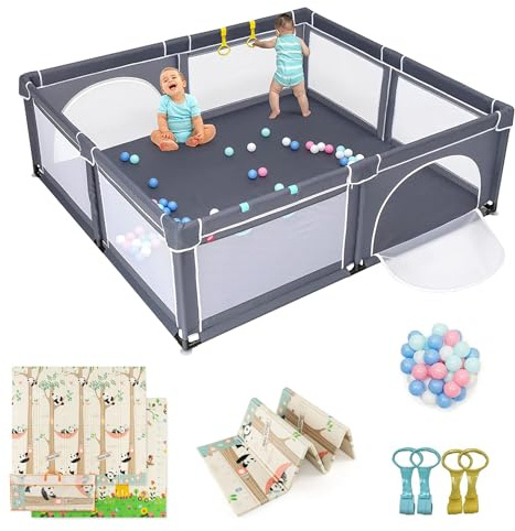 COSTWAY 206 x 186cm Baby Laufstall mit Matratze, Laufgitter mit 50 Spielbällen & atmungsaktivem Netz, Krabbelgitter mit 2 Türen, Laufgitterzelt für Säuglinge Kinder(Dunkelgrau, Panda Matratze)