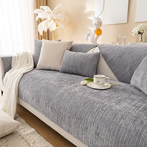 Weiche Chenille Sofabezug - Das neue Four Seasons Sofa überzug Universal Antirutsch Couch überzug 1 2 3 4 Sitzer, Sofa Sitzkissenbezug Sofaüberwürfe L Form Möbelschutz für Wohnzimmer (Grau,90X240cm)