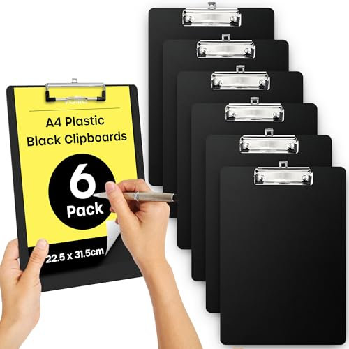 Porte Bloc A4 - Paquet de 6 Noirs Porte Bloc A4 avec Pince pour Organiser et Protéger Documents - Clipboard Légères avec Support Sécurisé pour Bureau, école, Hôpital et Chantiers de Construction
