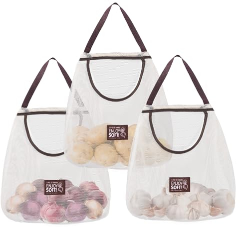 Minicoco 3 Pcs Grocery Mesh Bags, Reusable Produce Bags,Hanging Net String Shopping Bags for Vegetables and Fruits such as Potatoes, Onions, Tomatoes etc(Off white)