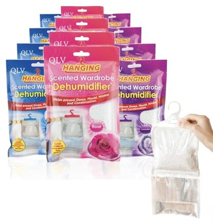 QLV Wardrobe Dehumidifier Hanging Bags - 12 Pack Scented Disposable Dehumidifier Bags for Wardrobe, Home, Bedroom, Caravan, Cupboard, Bathroom - Fast-Acting, Long-Lasting Damp & Moisture Absorber