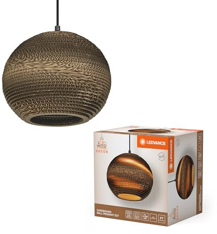 LEDVANCE Decor Cardboard Ball marrón de cartón ondulado, ligera, E27, 260 mm de diámetro, pantalla de material reciclado, sostenible gracias a una fuente de luz reemplazable, fácil de instalar