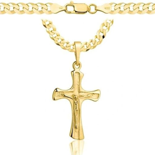 AMAR PRAGNA goldkette herren mit kreuz 585, Kette Herren 925/585 - kreuz kette herren gold 585 massiv - 5 mm, Kreuz Kette 55 cm - Goldkette Kreuzkette - panzerkette gold 585