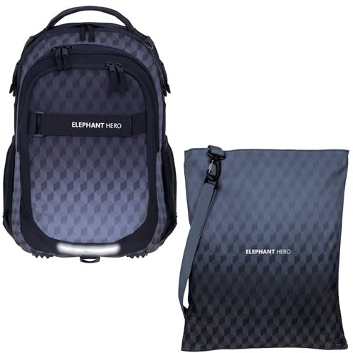 Elephant 2 Teile Set Schulrucksack HERO SIGNATURE Rucksack + Turnbeutel ATTACH BAG (Black Cube 12868)
