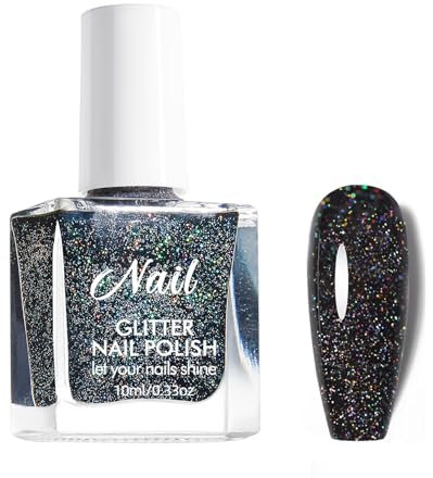 DMQ Glitter Nail Polish, Black Nail Varnish, Diamond Glitter Quick Dry Nail Polish Gel, Black Shimmer Holographic Nail Gel - No UV Lamp Curing, Long Lasting, Chip Resistant, Home Manicure 10ML