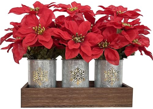 CANCLEAR Artificial Christmas Flower Arrangement, 3pcs Poinsettias in Galvanized Pots with Wood Tray and LED String Lights, Perfect Tabletop Centerpiece for Holiday Decor