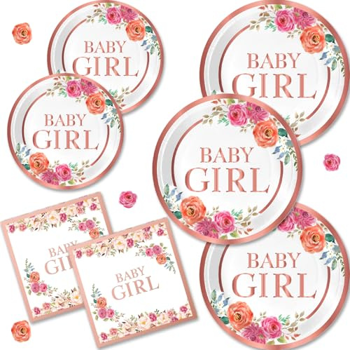 APDECCLK Rose Gold Mädchen Florale Babyparty Geschirr Set, beinhaltet Teller und Servietten für Mädchen Dusche Gender Reveal Party Supplies, 1 Count, Papier