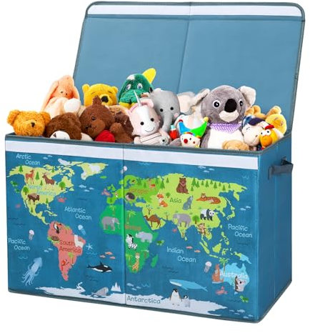 decalsweet Aufbewahrungsbox mit Deckel für Kinder, Große Faltbar Oxford Spielzeugkiste mit Griff für Jungen Mädchen, Wasserdicht Robust Spielzeug Aufbewahrung im Kinderzimmer, 65×30×40 cm(Weltkarte)