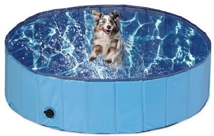 Relaxdays Piscina para Perros, Plegable, Bañera con Válvula de Desagüe, Refrescante, PVC y MDF, 30 x 120 cm, Azul