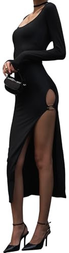 Gkaopi Women Long Sleeve Maxi Dress - Sexy U Neck Bodycon High Split Elegant Wrap Cocktail Slit Evening for Party Ball Clubbing (L) Black