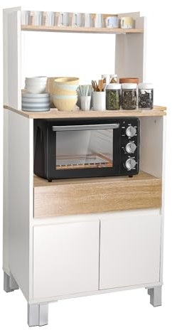 Fabulcozy Buffet de Cuisine desserte de Cuisine pour Micro-Ondes Armoire de Cuisine Multi-rangements avec Placard tiroir étagère 60 x 40 x 131 cm Naturel et Blanc