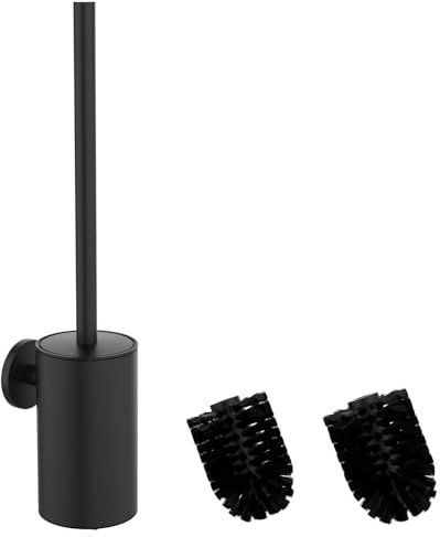 Mozmmhi Brosse WC en acier inoxydable 304 avec support mural et porte-brosse WC – Avec 2 têtes de brosse (Round Black)