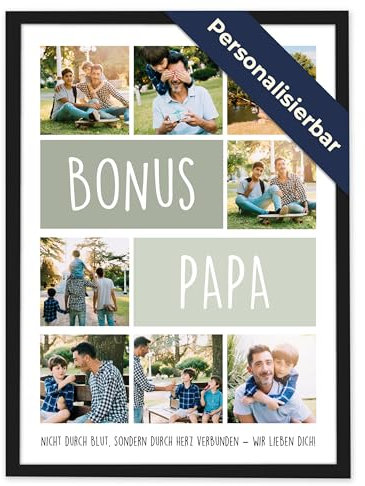 BONUS PAPA Fotocollage mit 8 Fotos – Personalisiertes Geschenk von Kindern mit eigenem Text | Bonus Papa Geschenk & Vatertagsgeschenk | Fotogeschenke & personalisierte Geschenke mit Herz