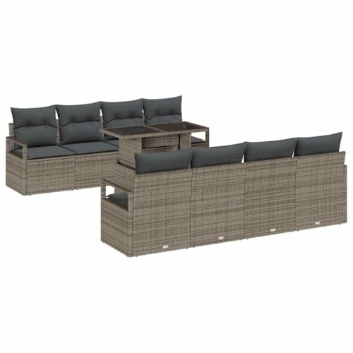 vidaXL 9-teiliges Garten-Sofa-Set mit Kissen in Grau aus Poly Rattan – Bequemes, modulares Sitzmöbel für draußen: perfekt für die Terrasse, den Garten oder die Lounge, um im Freien zu Essen.