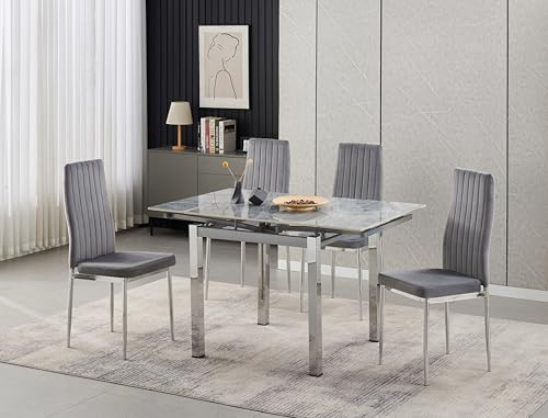 Furnizone UK Piccolo Grey Sintered Stone Extending Dining Table with 4 Monza Grey Velvet Chairs Dining Set